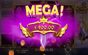 Gates of Olympus Super Scatter Slot machine displaying MEGA! €400.00 win with sword graphic